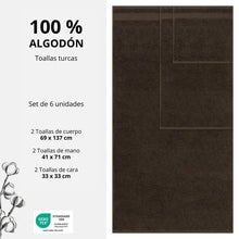 Cargar imagen en el visor de la galería, Set De 6 Toallas 100% Algodón Turco Bekos Brown
