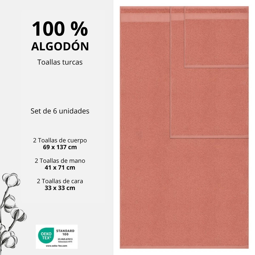 Set De 6 Toallas 100% Algodón Turco Bekos Coral