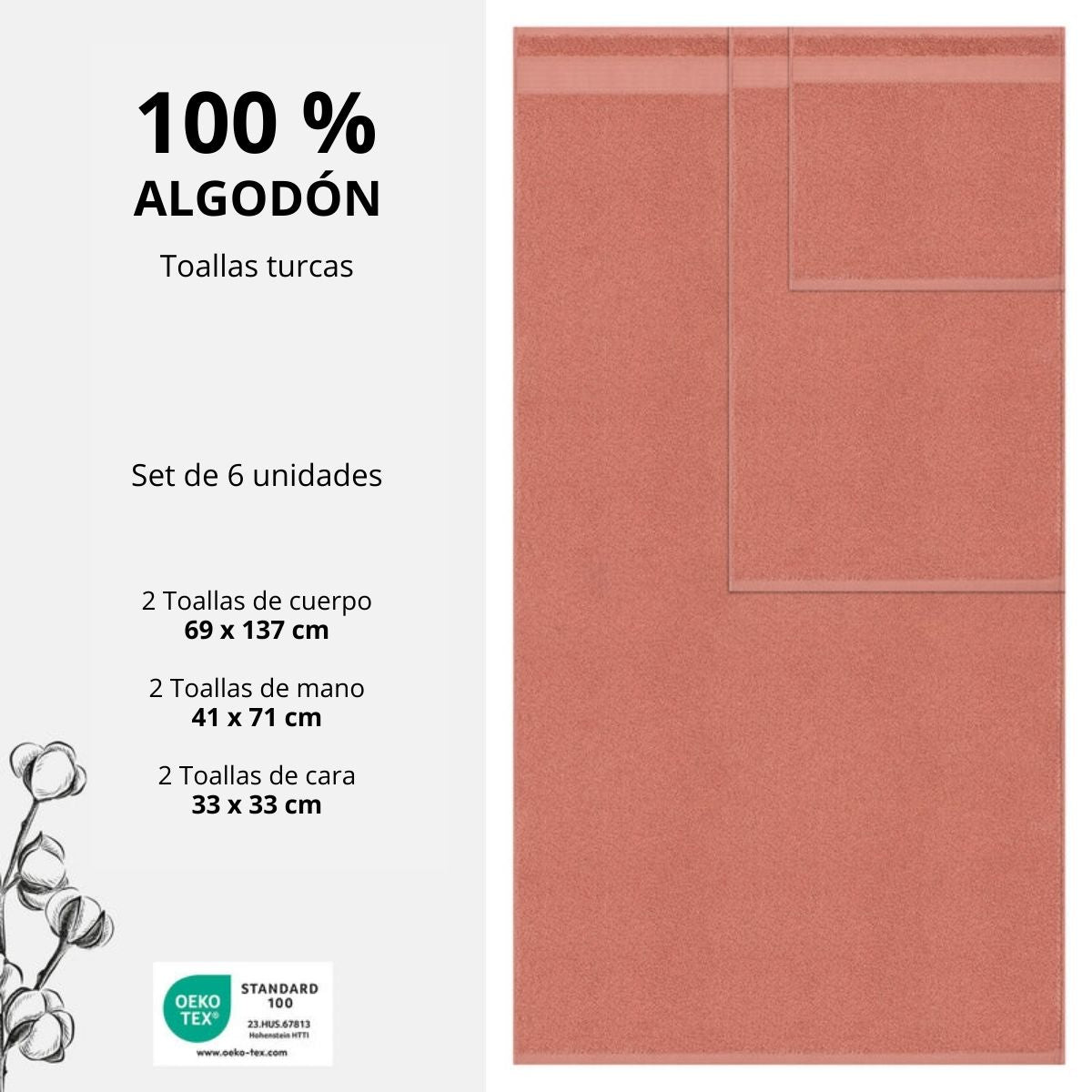 Set De 6 Toallas 100% Algodón Turco Bekos Coral