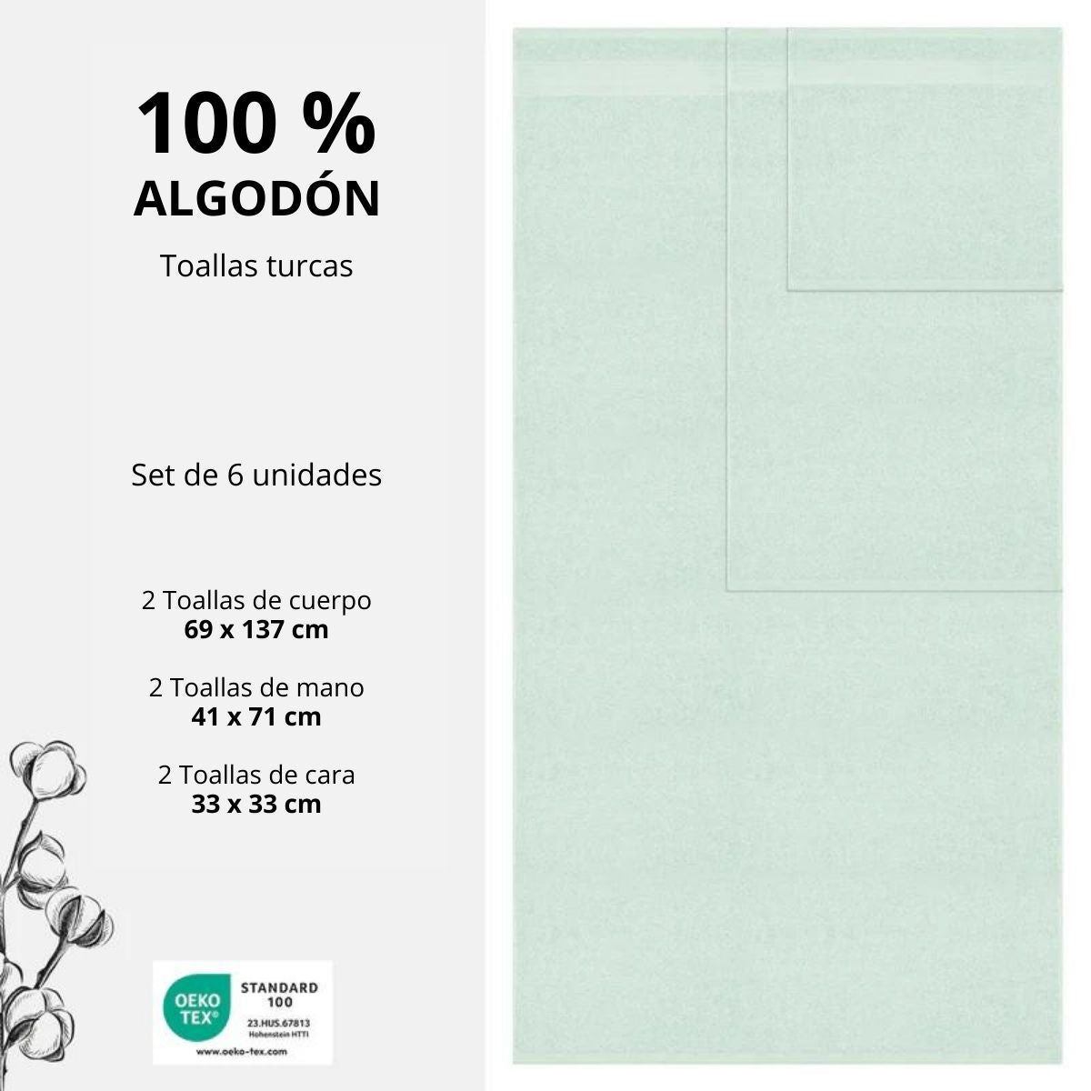 Set De 6 Toallas 100% Algodón Turco Bekos Mint